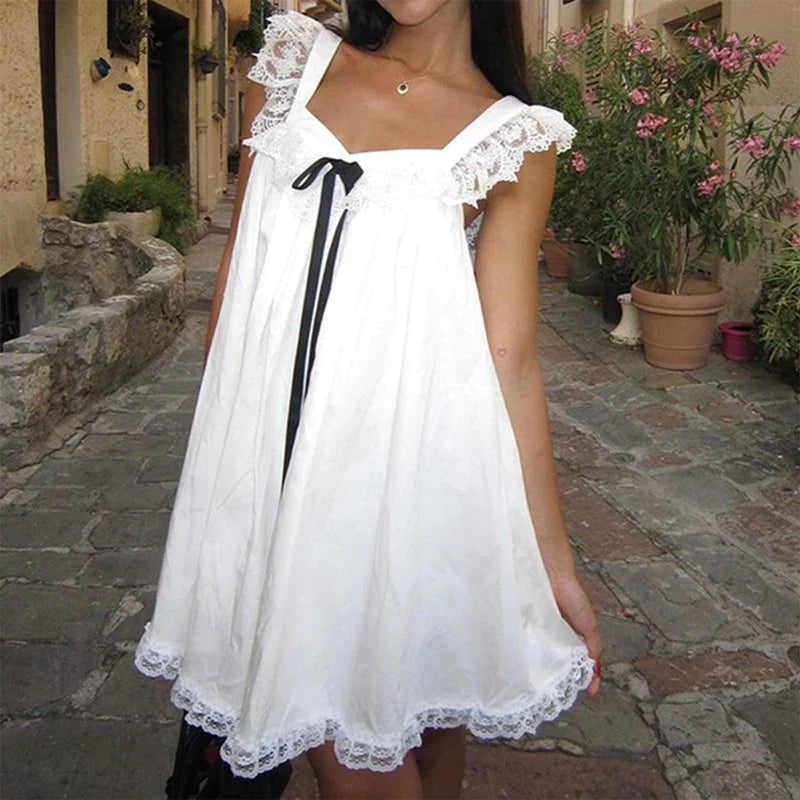 Ribbon Bow Lace Trim A-Line Mini Dress - View 7