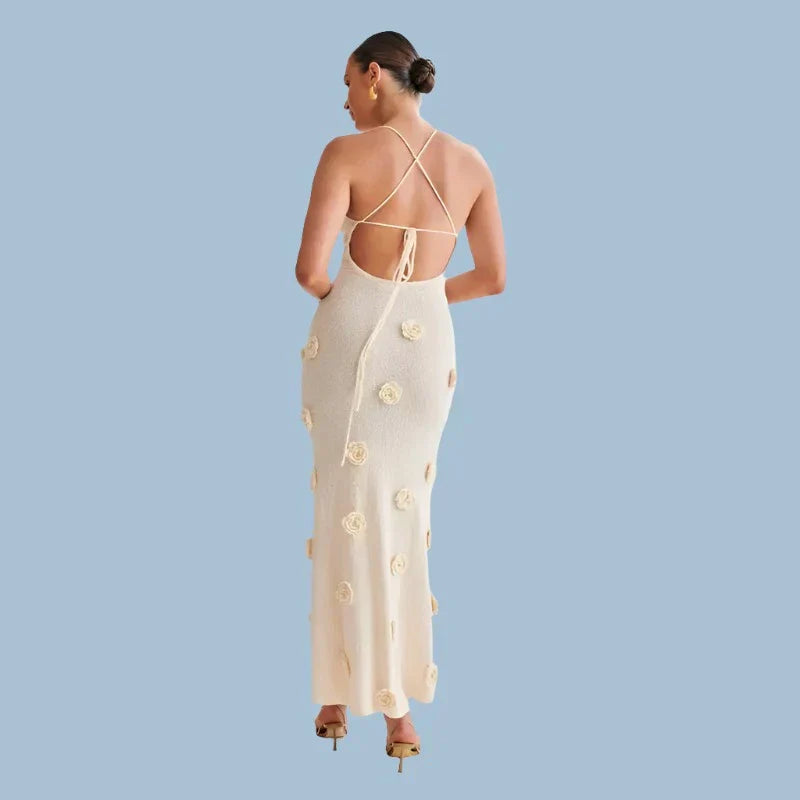 Knit V-Neck Spaghetti Strap Floral Applique Mermaid Maxi Dress