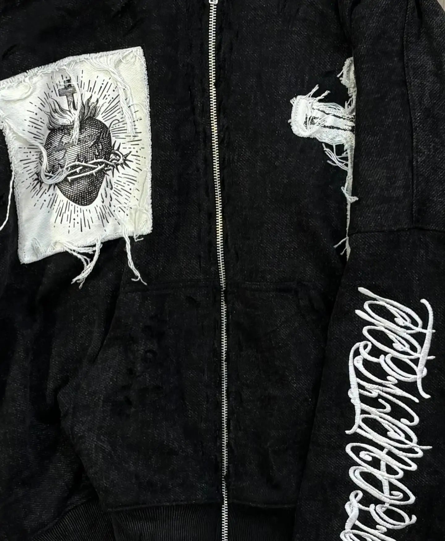 Embroidered Cross Zip Up Hoodie