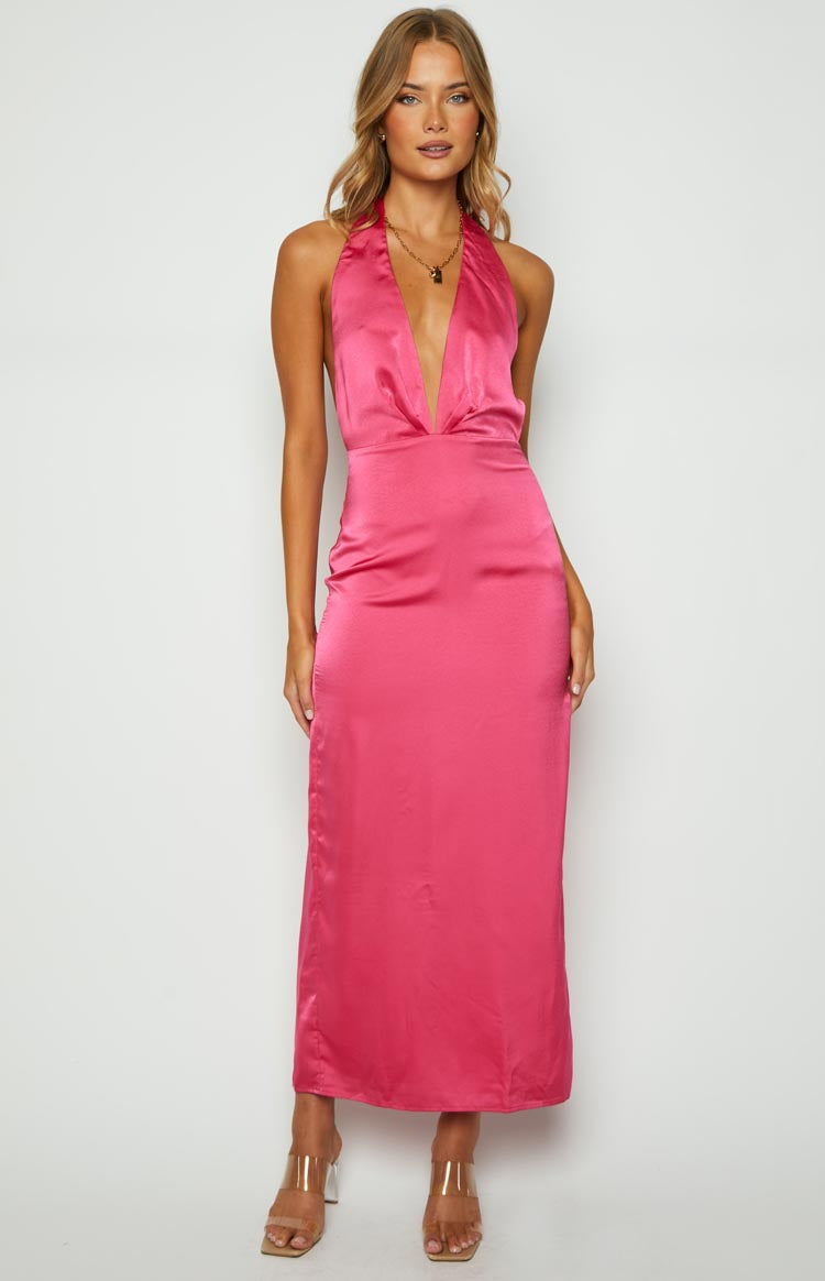 Satin Halter Neck Deep V-Neck Backless Column Maxi Dress 3
