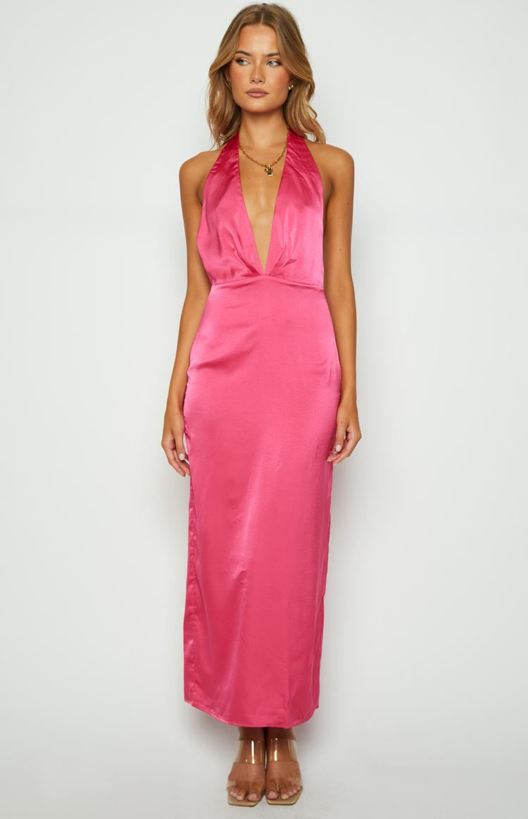 Satin Halter Neck Deep V-Neck Backless Column Maxi Dress 5