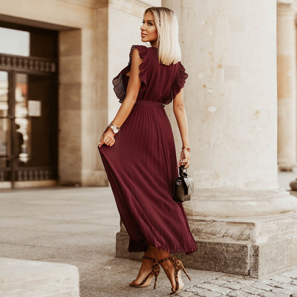 Deep V-Neck Ruffle Shoulder Accordion Pleat Tie Waist Maxi Dress