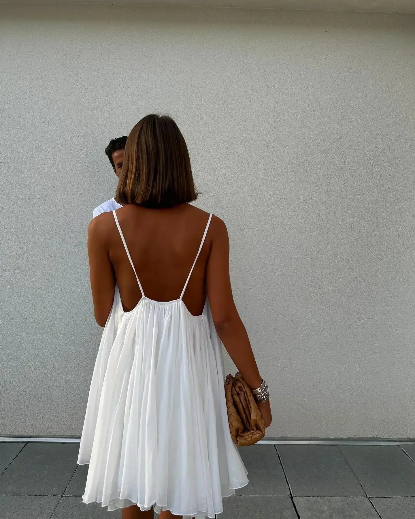 Chiffon Spaghetti Strap Deep V-Neck Gathered Flowy Babydoll Mini Summer Dress