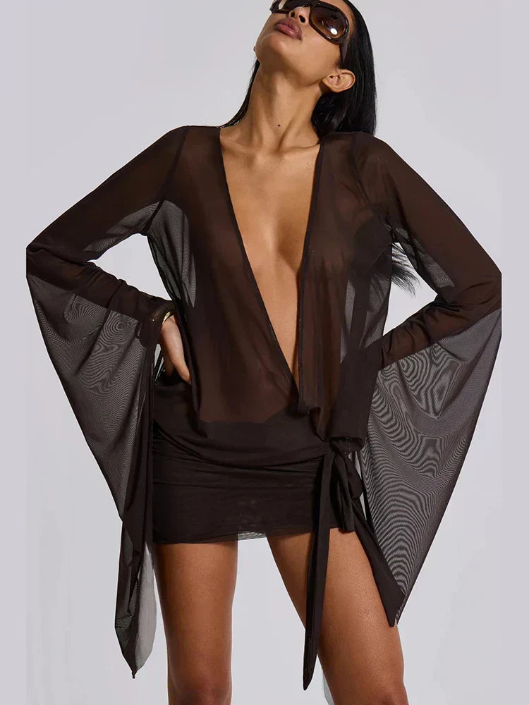 Mesh Irregular Bandage Low Neck Mini Dress - View 5