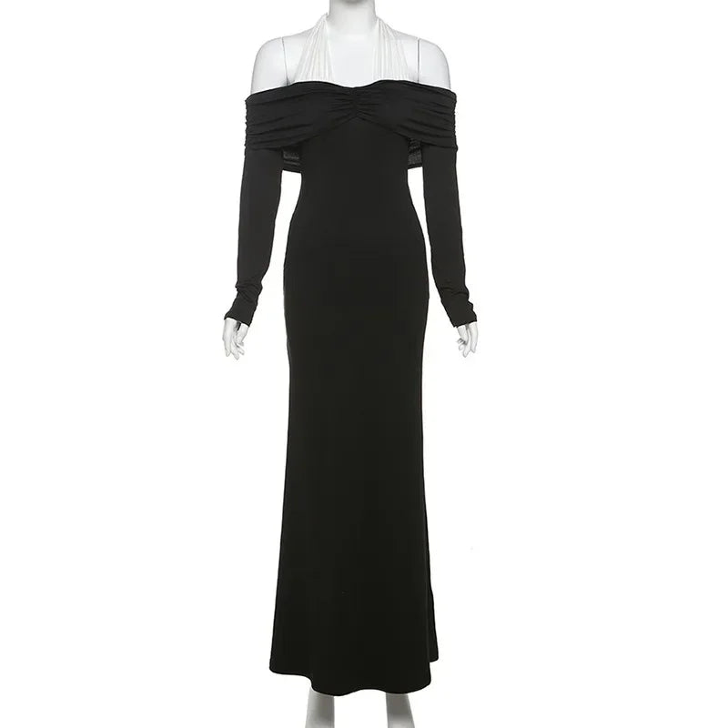 Off Shoulder Halter Cross Neck Long Sleeve Mermaid Maxi Dress