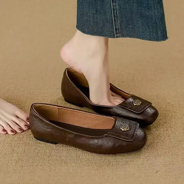 Square Toe Metal Flower Buckle Slip On Flats