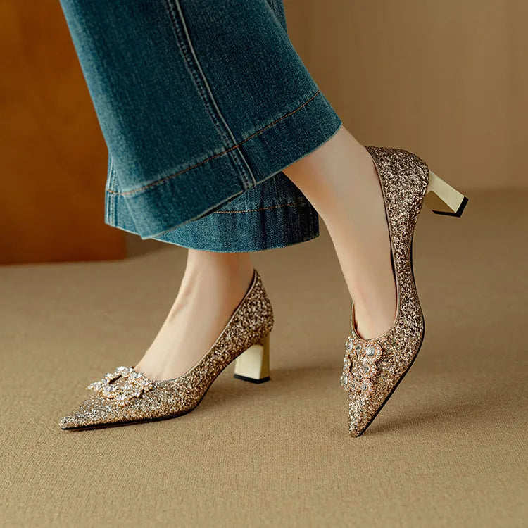 Pointed Toe Glitter Rhinestone Buckle Block Heel Pumps