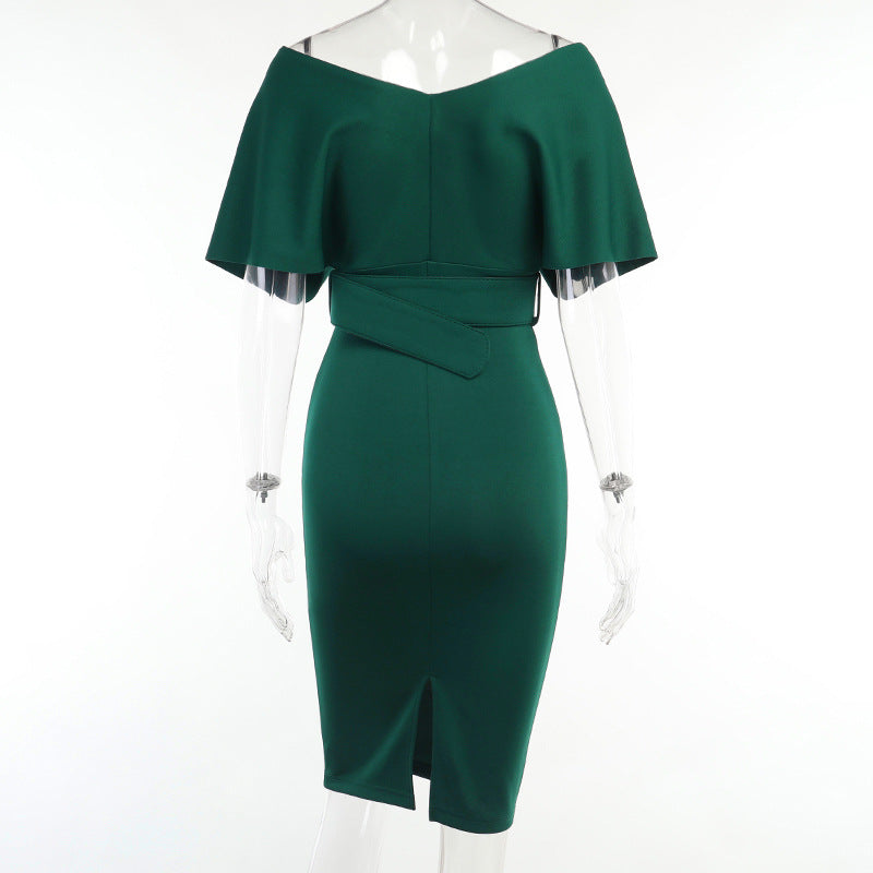 Satin Deep V-Neck Batwing Sleeve Belted Bodycon Midi Dress