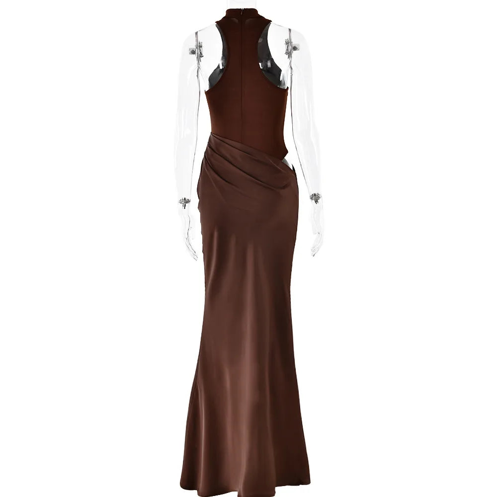 Halter Neck Sleeveless Ribbed Bodice Draped Waist Satin Maxi Gown
