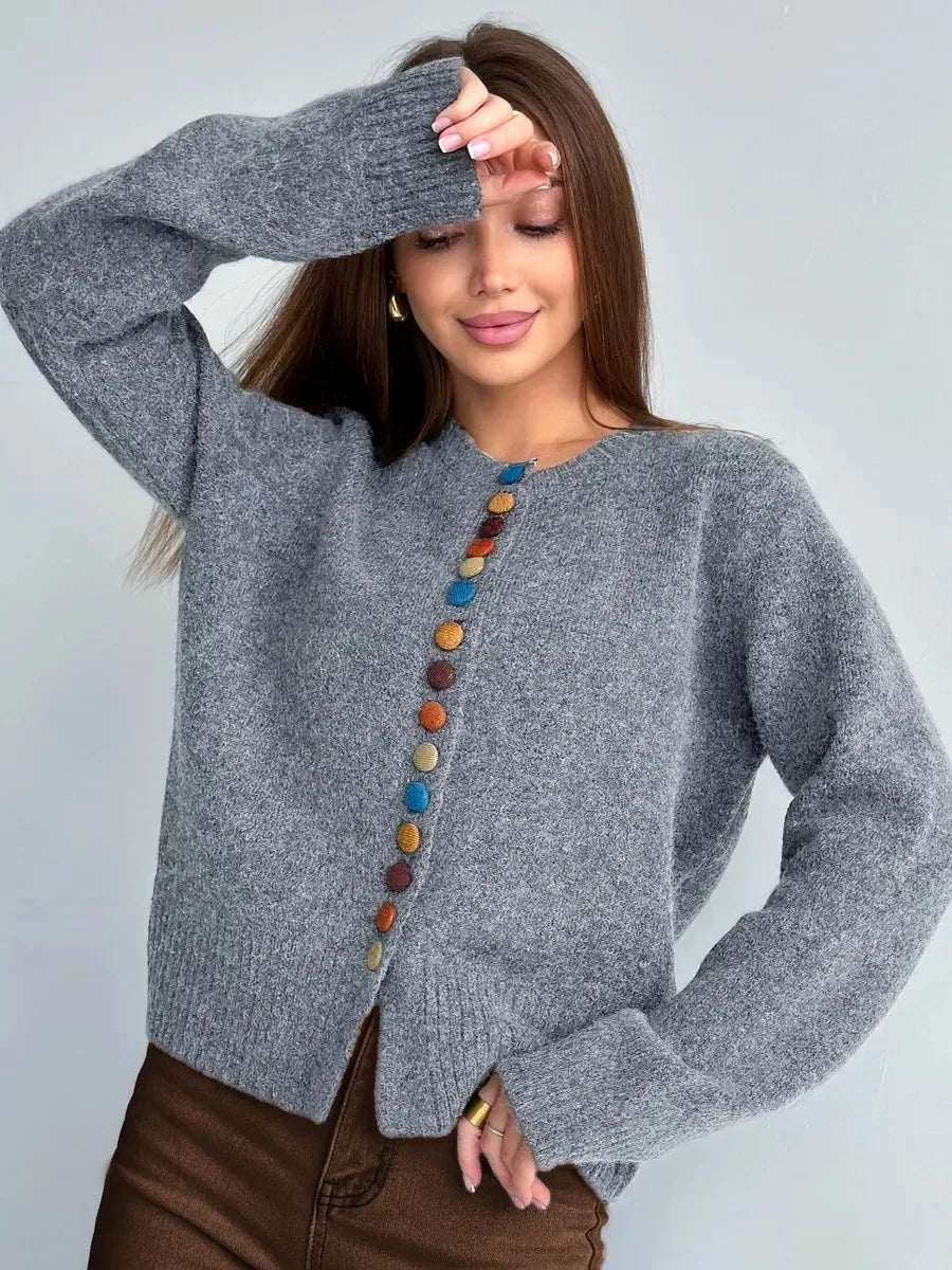 Crew Neck Multicolor Button Front Knit Cardigan