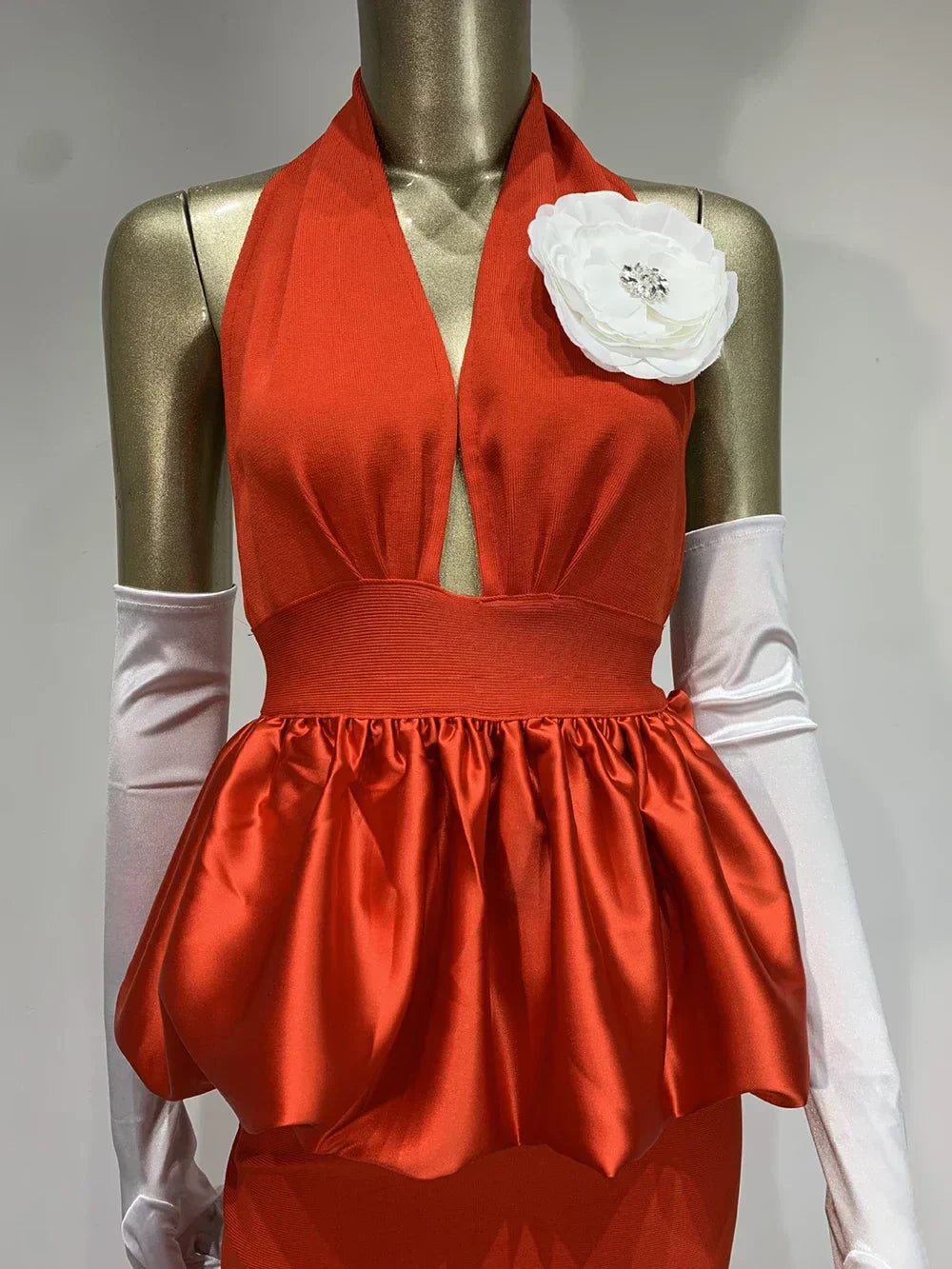Halter Neck Deep V-Neck Flower Applique Ruffled Peplum Mermaid Gown