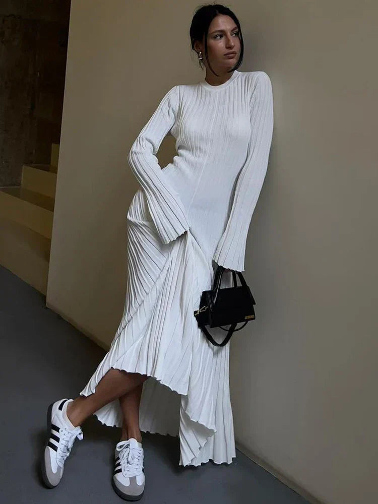 Ribbed Knit Mock Neck Bell Sleeve Bodycon Maxi Dress