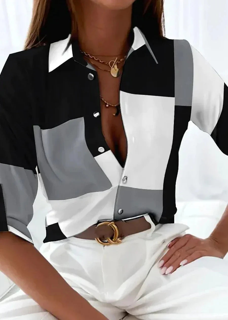 Geometric Colorblock Long Sleeve Button Front Blouse