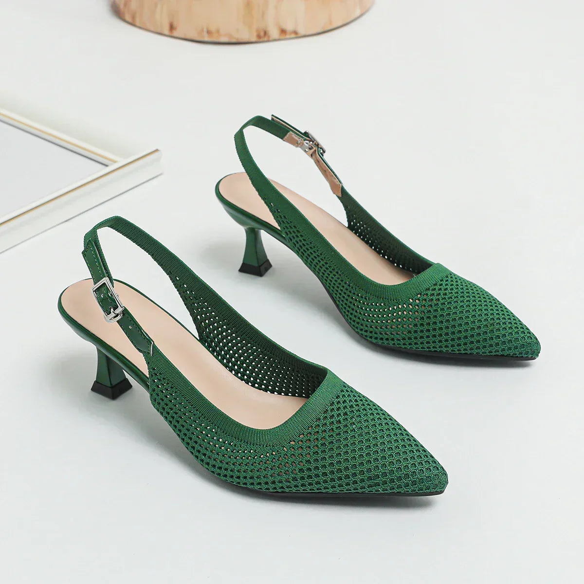 Pointed Toe Slingback Mesh Kitten Heel Pumps