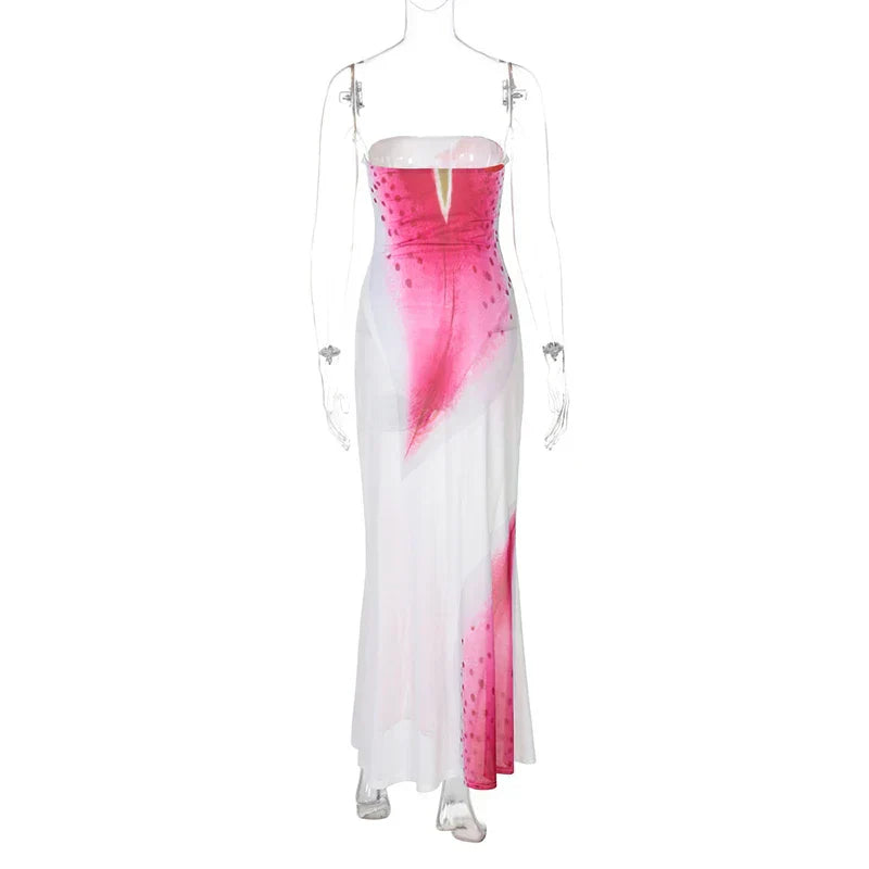 Mesh Floral Print Off - shoulder Long Dress