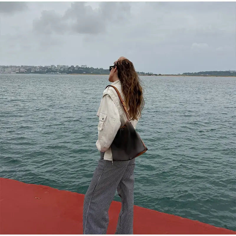 Zippered Spliced Motorcycle Fashionable Solid Stand Neck Long Sleeve Short Coat