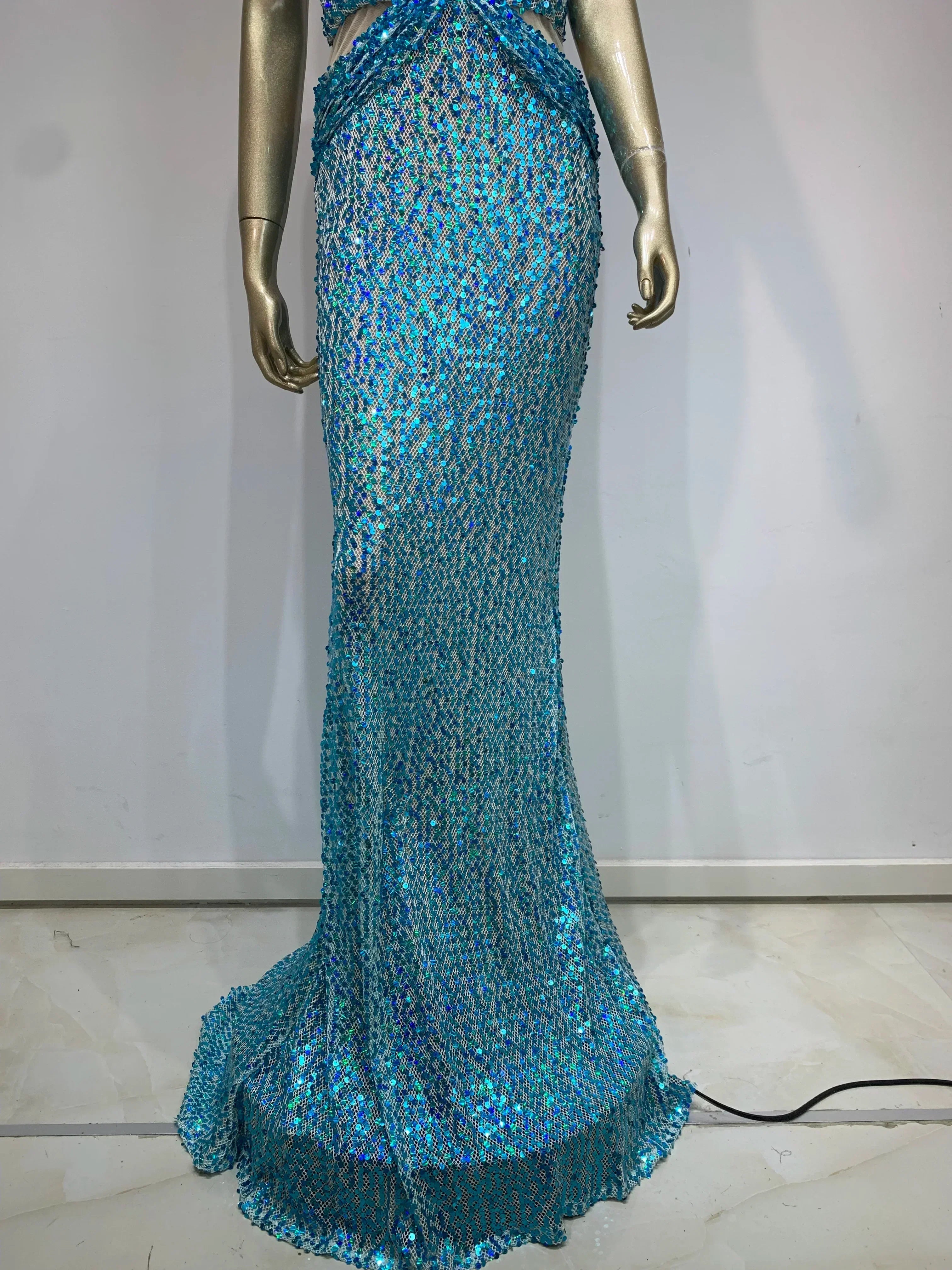 Sequin Halter Neck Deep V-Neck Cut Out Sheer Mermaid Gown