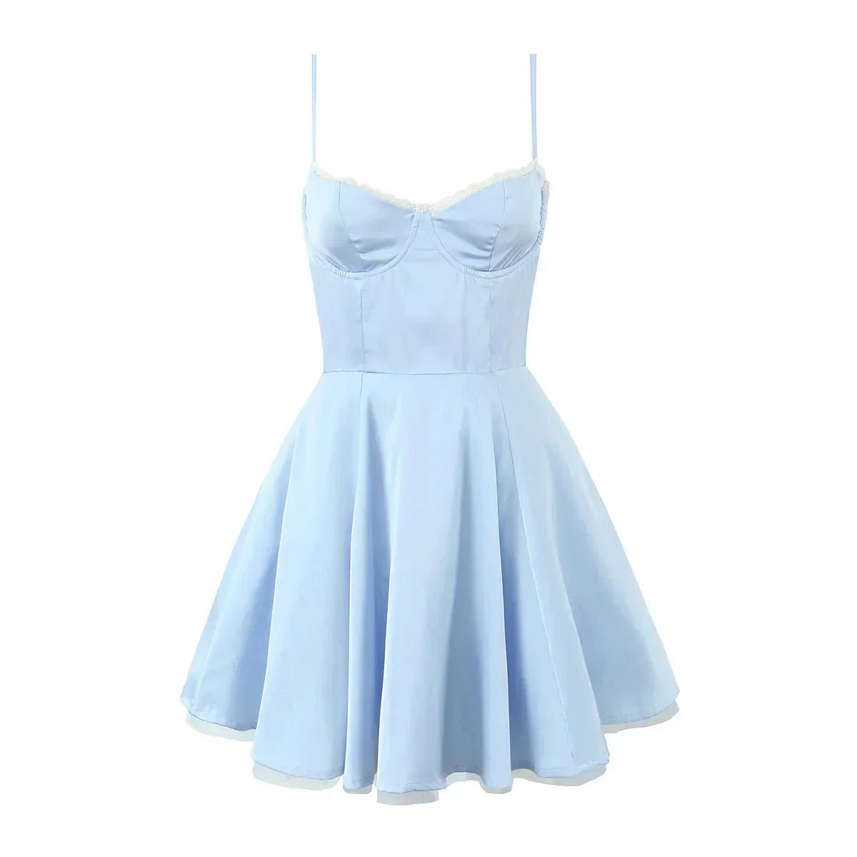 Satin Sweetheart Spaghetti Strap Corset Lace Trim A-Line Midi Dress