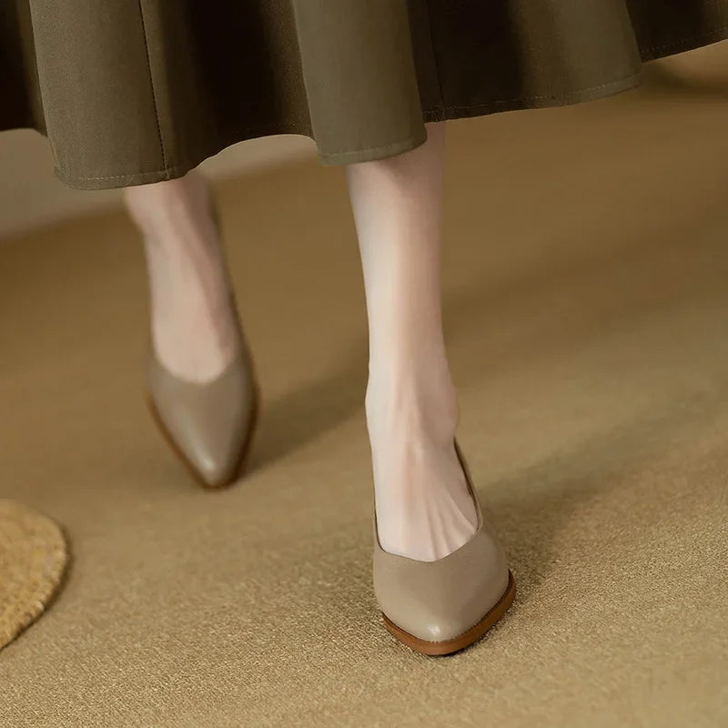 Pointed Toe Block Heel Slip On Pumps