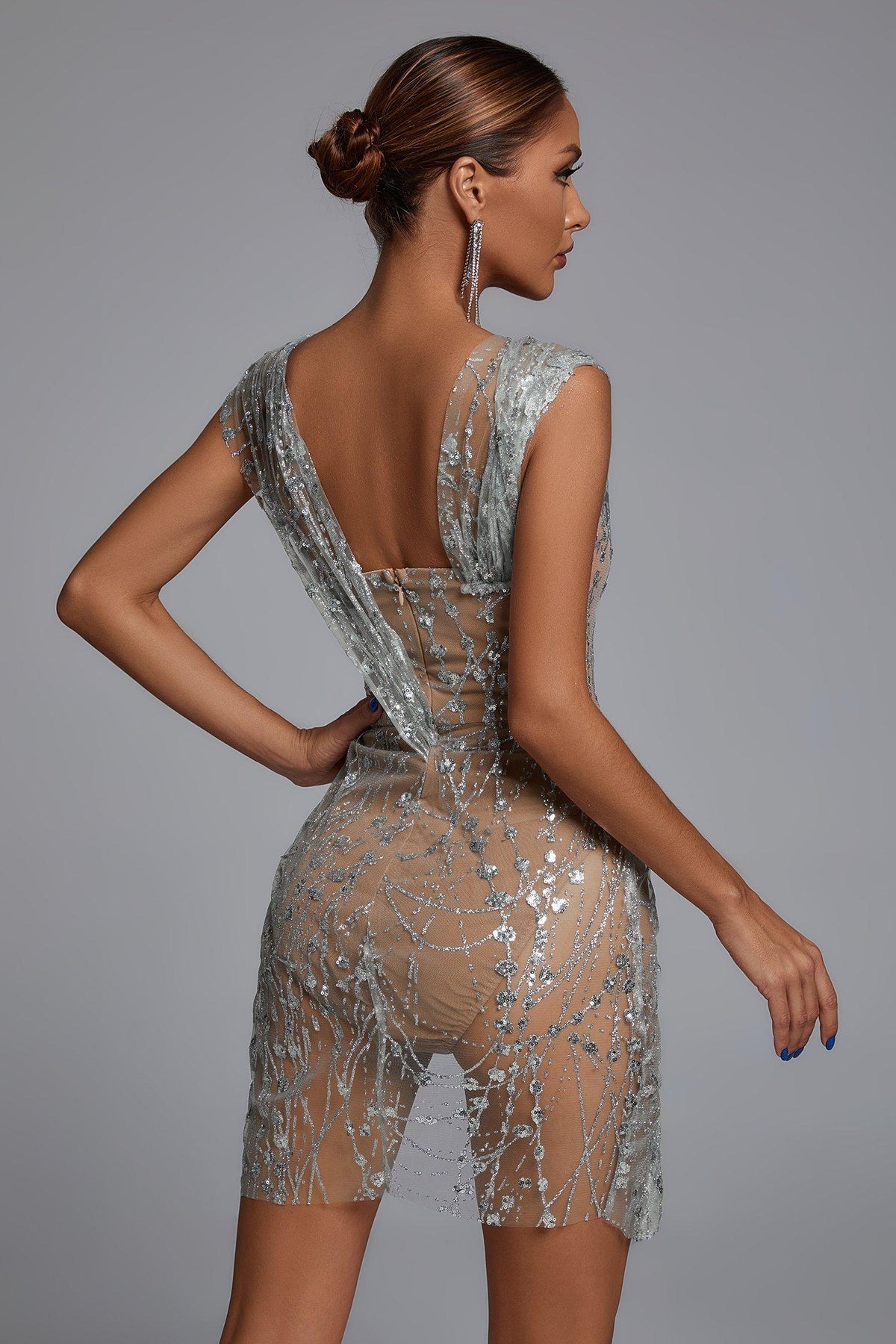 Sequin Embellished Sheer Mesh Square Neck Draped Wrap Split Mini Dress 6