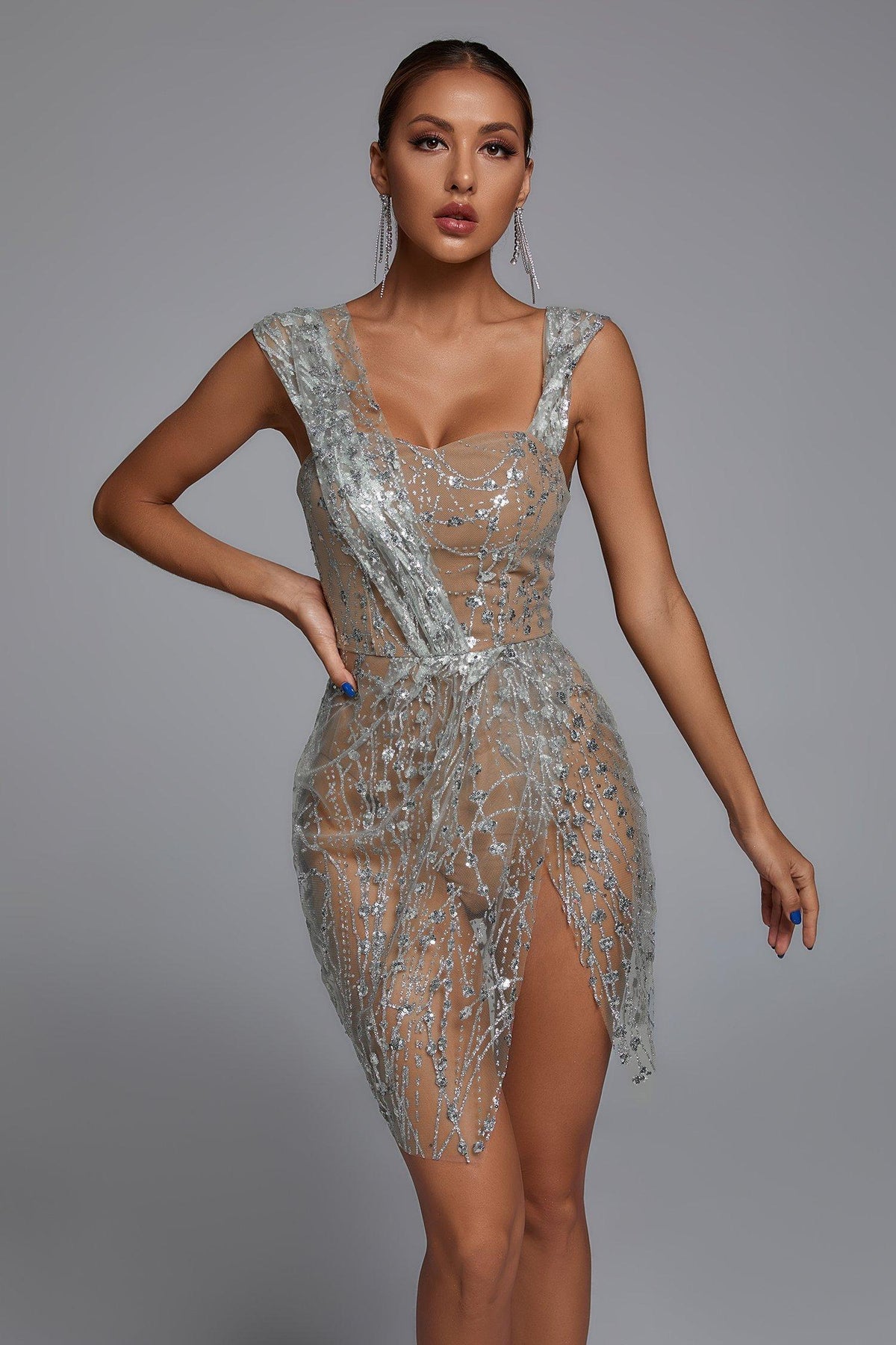 Sequin Embellished Sheer Mesh Square Neck Draped Wrap Split Mini Dress