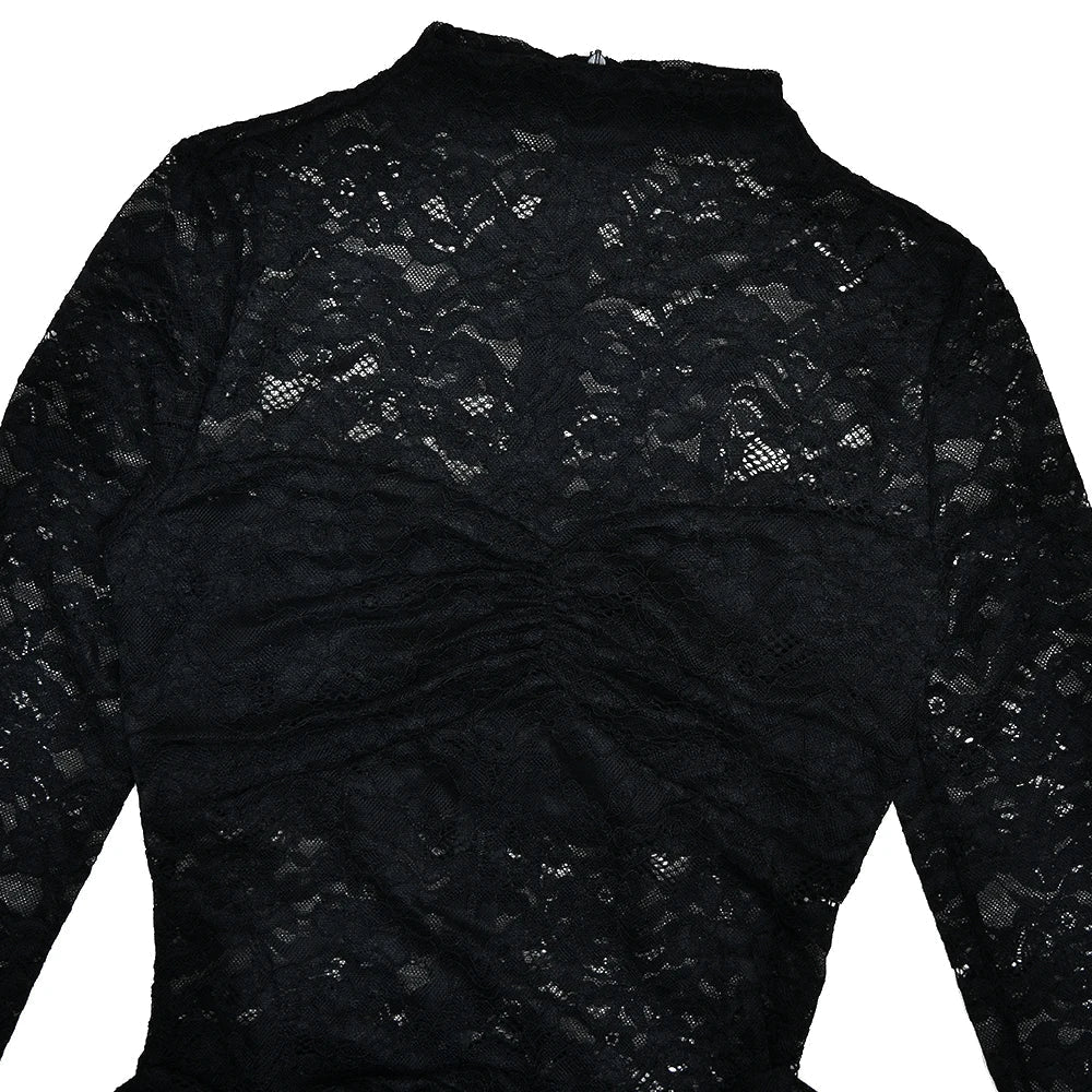 Lace Long Sleeve High Neck Ruched Bodycon Mini Dress