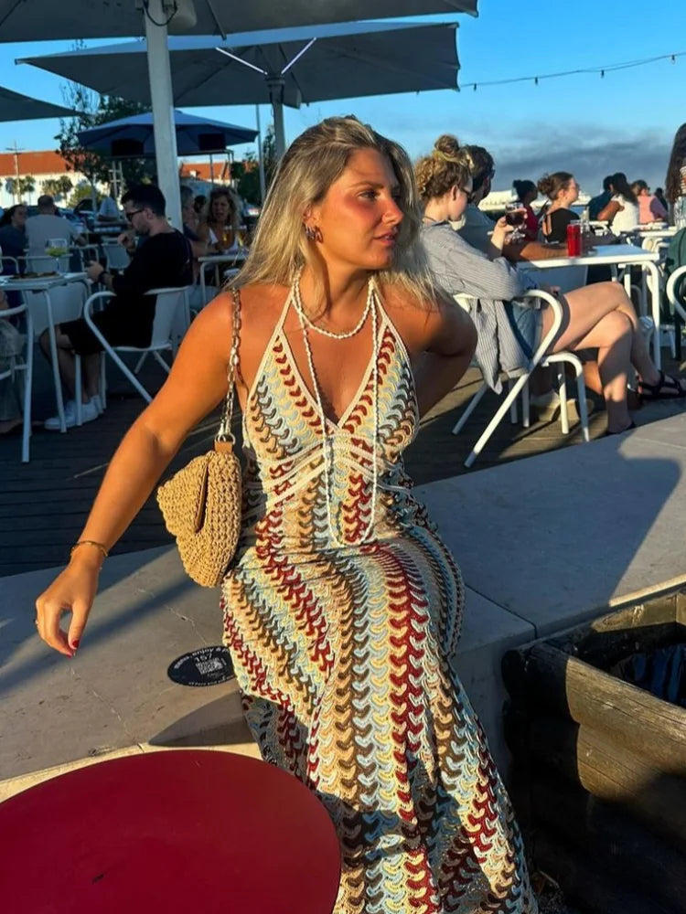 Halter Neck Deep V-Neck Chevron Knit Criss Cross Waist Maxi Dress