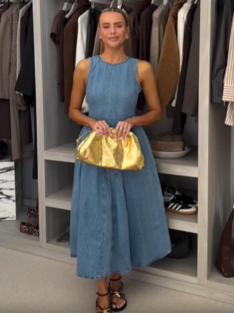 Denim Slim ONeck Sleeveless High Waist Pleated Work Dress