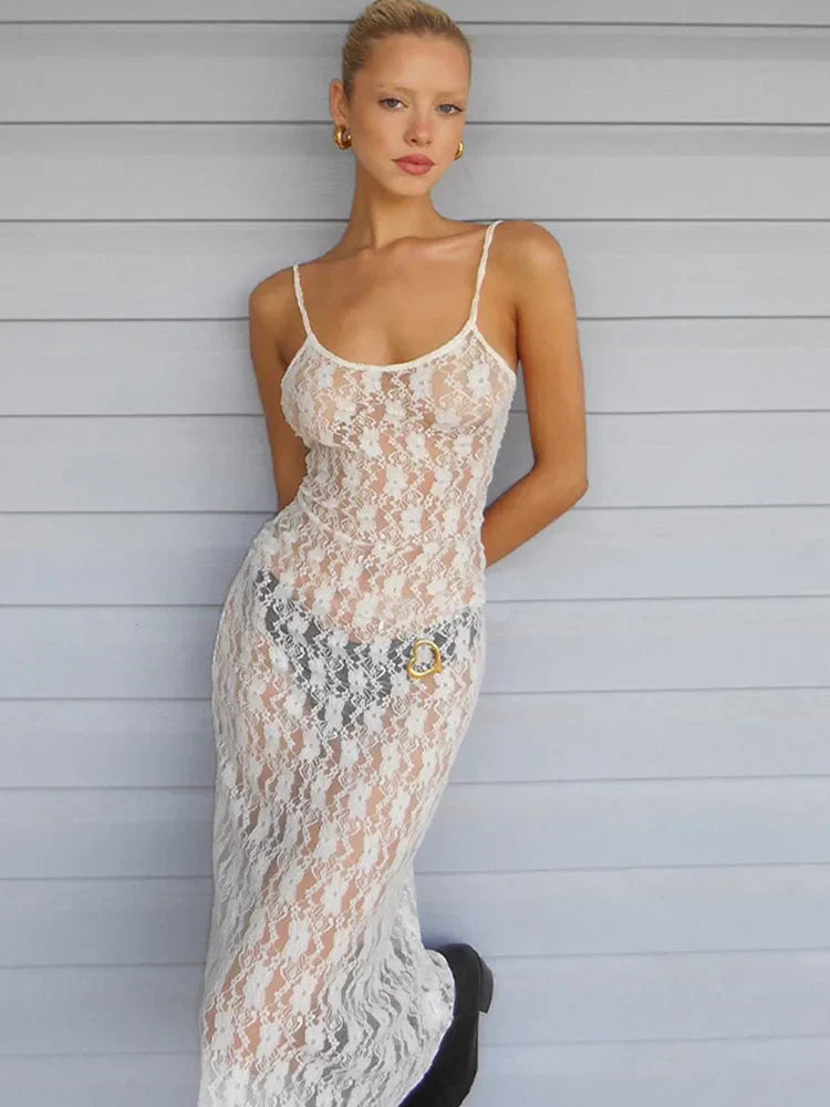 Floral Lace Spaghetti Strap Sheer Slip Midi Dress