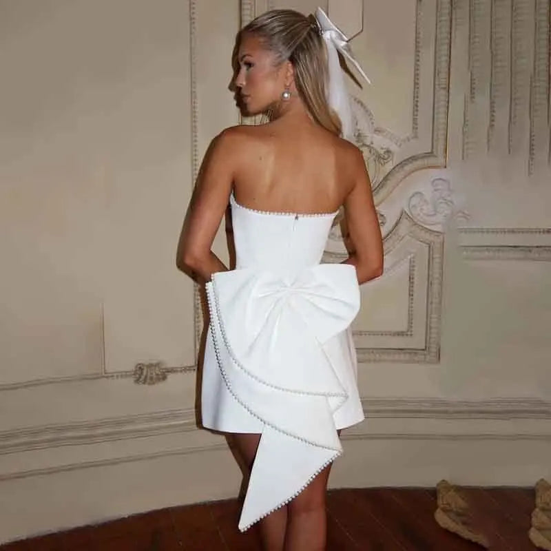 Pearl Trim Strapless Bow Back Fit and Flare Mini Dress