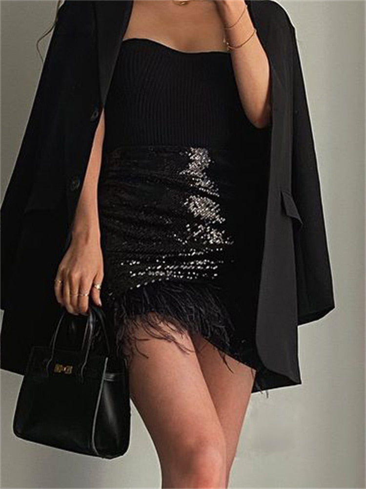 Sequin Pleated Denim Mini Skort