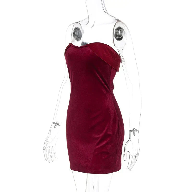 Velvet Strapless Fold Over Neckline Bodycon Mini Dress 14
