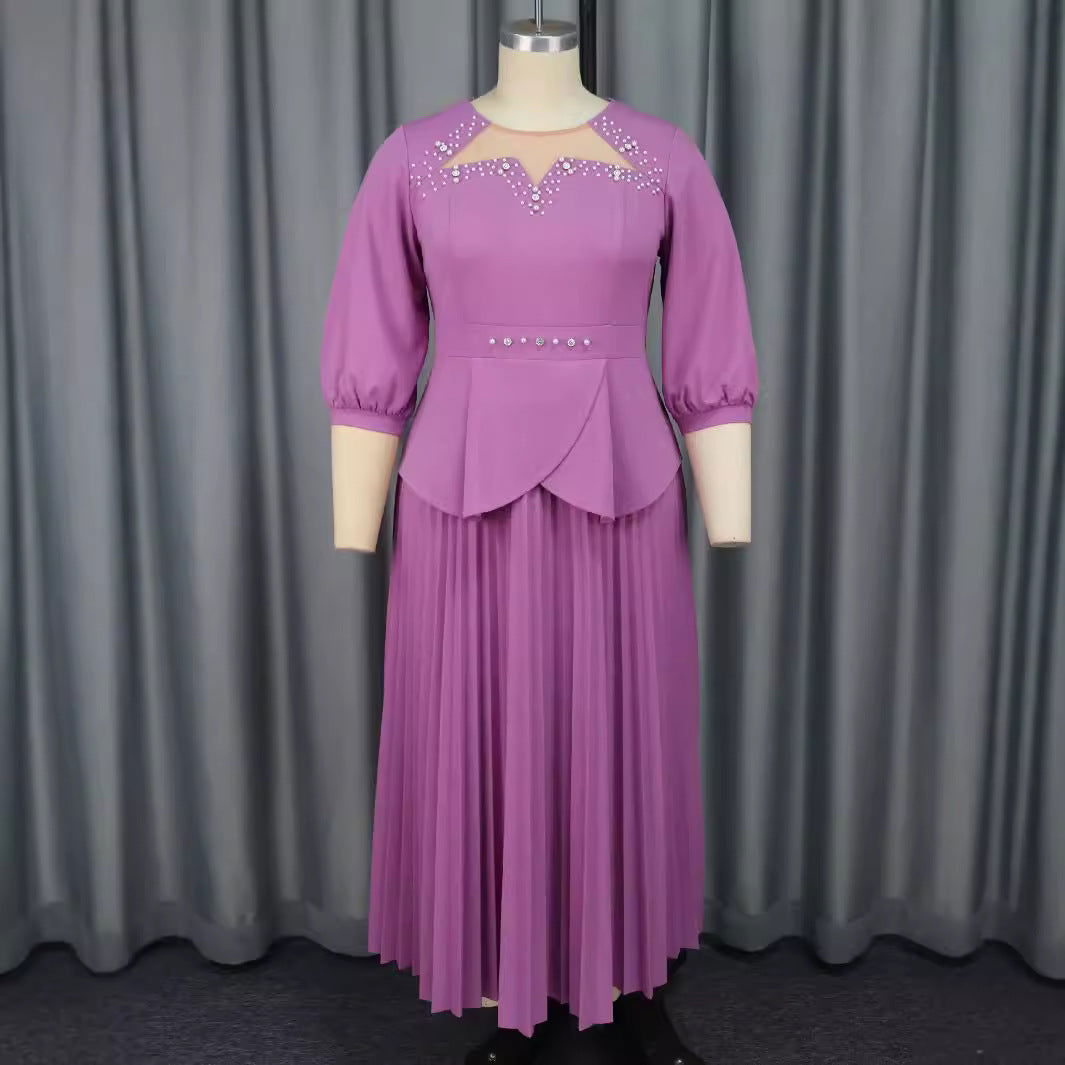 Rhinestone Mesh Yoke Puff Sleeve Peplum Pleated Maxi Gown