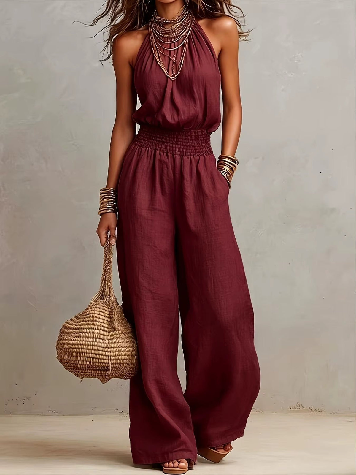 Halter Neck Smocked Waist Wide Leg Jumpsuit