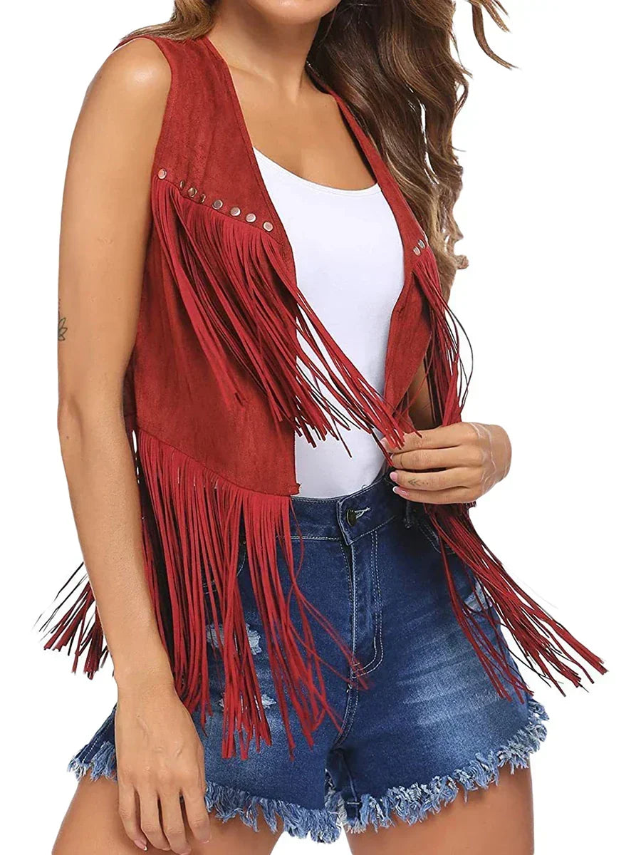 Fringe Suede Look Open Front Vest