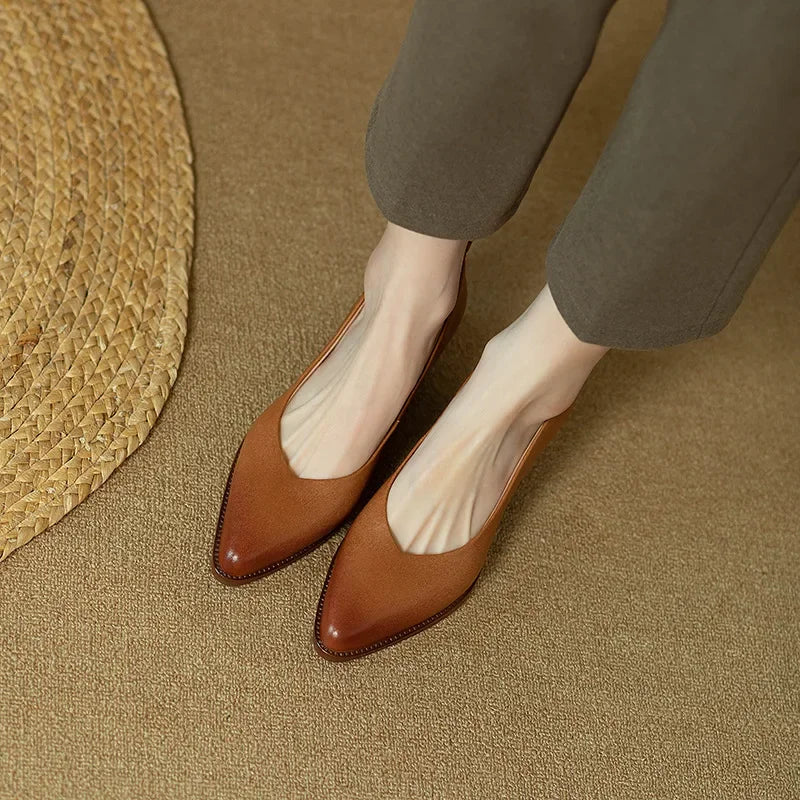 Pointed Toe Block Heel Slip On Pumps