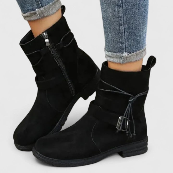 Suede Side Zip Tassel Round Toe Ankle Boots