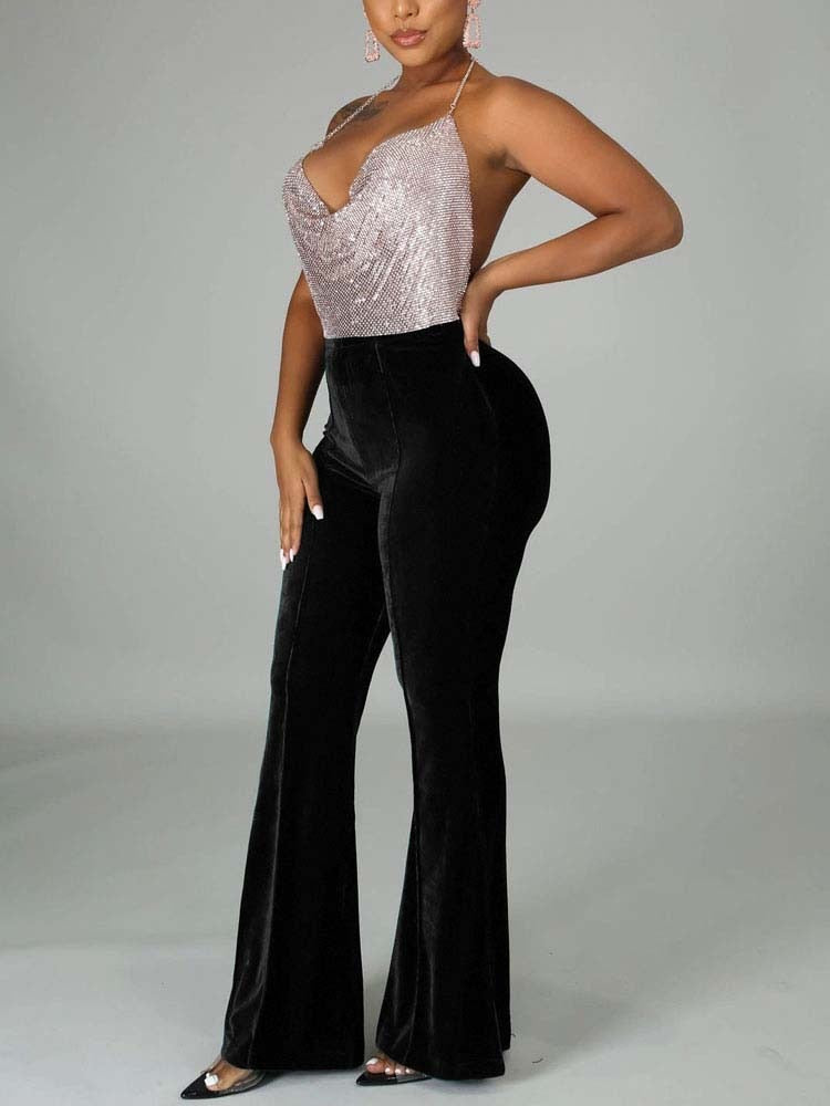 High Waist Velvet Front Seam Flare Leg Bell Bottom Pants 10
