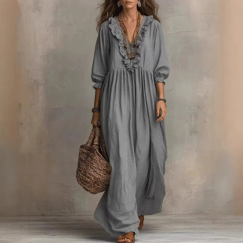 Ruffle V-Neck Long Sleeve Maxi Dress