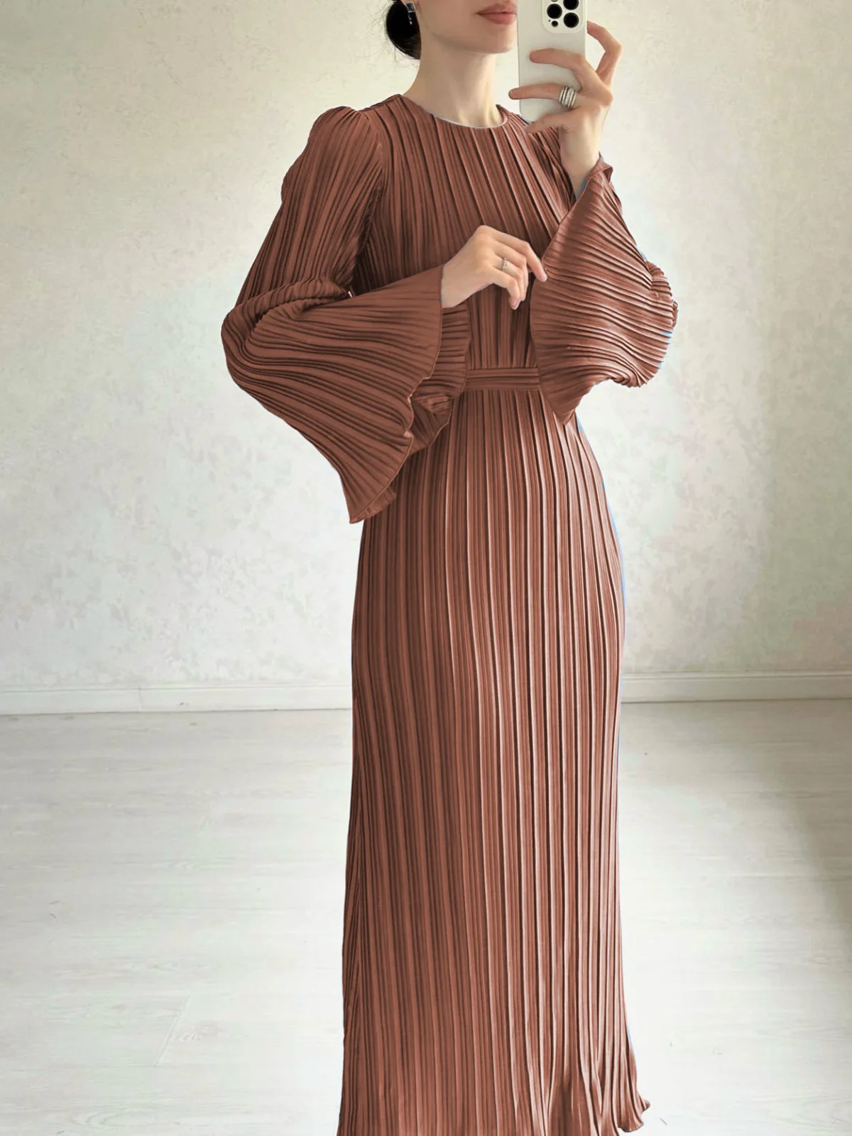 Plissé Pleated Long Sleeve Ruffle Cuff High Neck Bodycon Maxi Dress