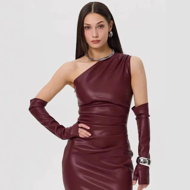 Off - Shoulder Strapless Faux Leather Patchwork Dress