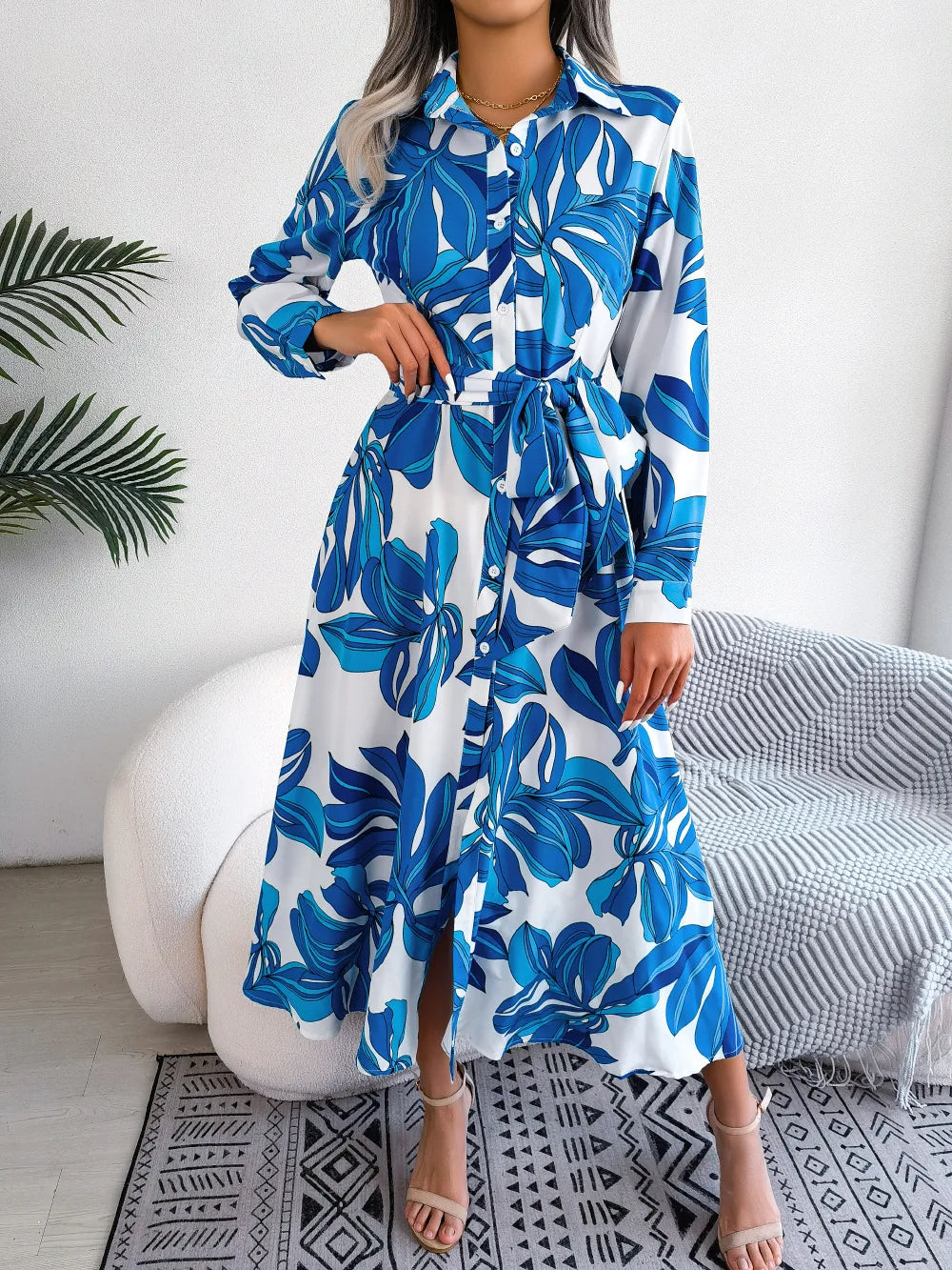 Floral Print Long Sleeve Belted Shirt Maxi Dress