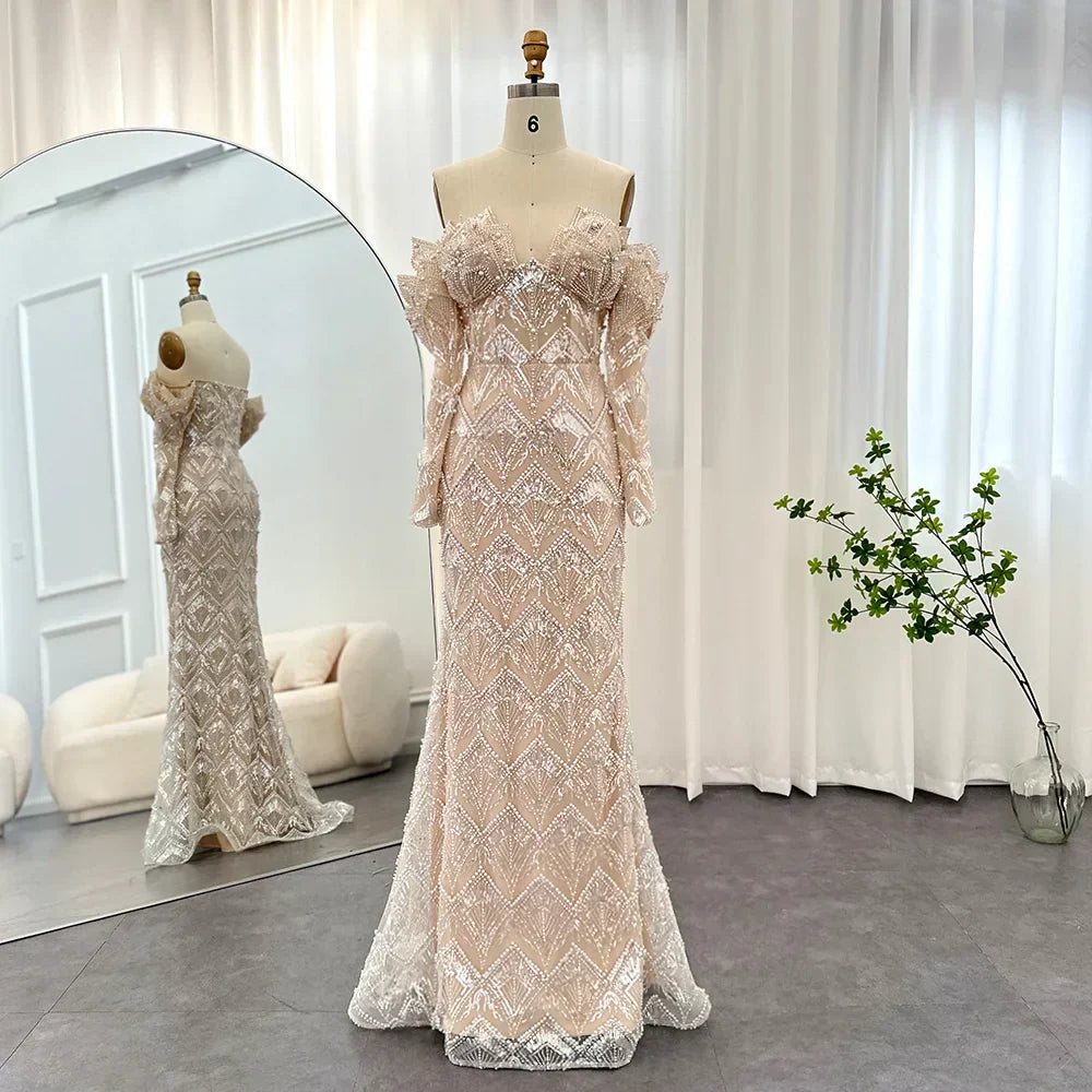 Beaded Off Shoulder Long Sleeve Mermaid Maxi Gown