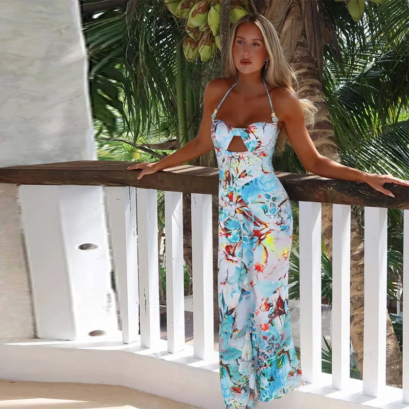 Hollow Out Tailored Halter Maxi Long Summer Dress