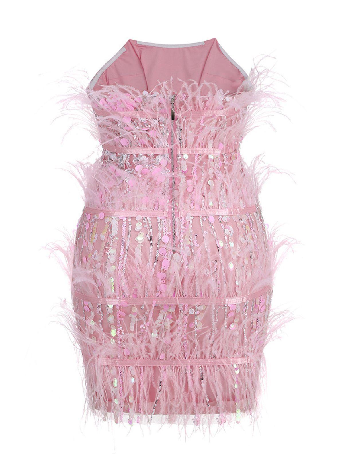 Sequin Strapless Tiered Feather Trim Bodycon Mini Dress