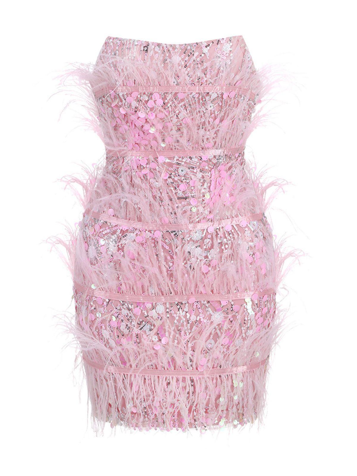 Sequin Strapless Tiered Feather Trim Bodycon Mini Dress