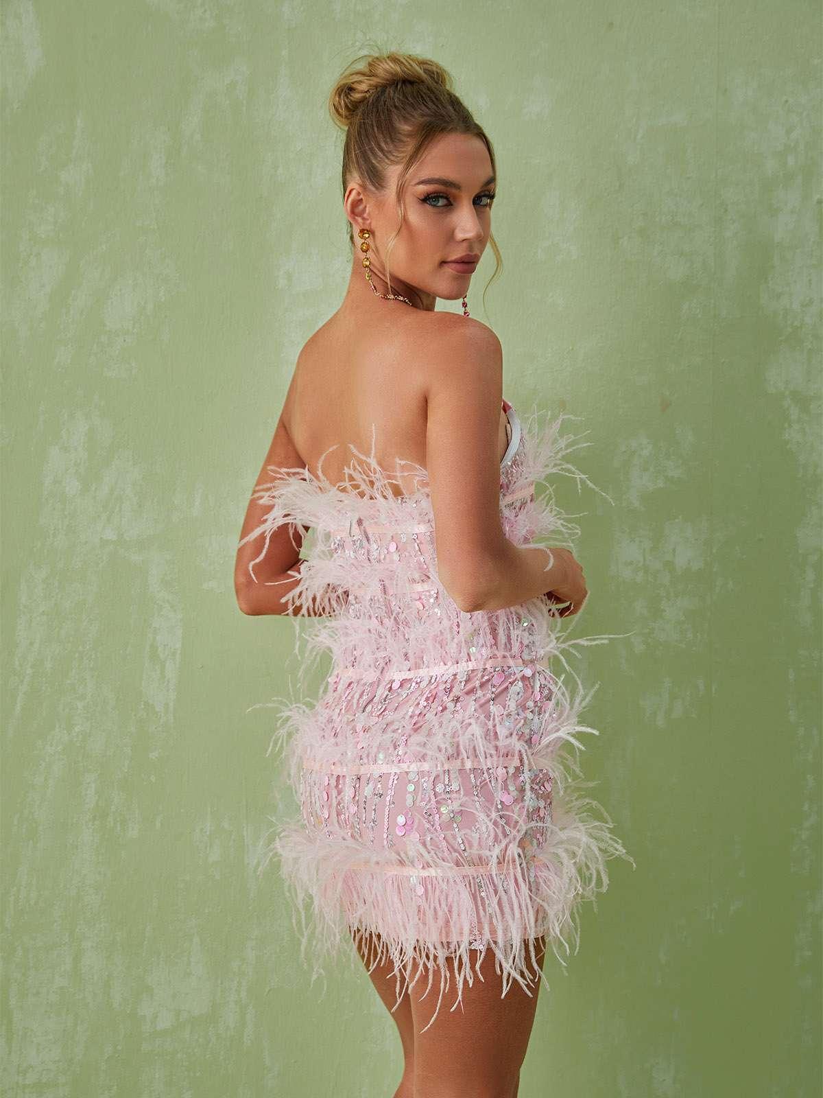 Sequin Strapless Tiered Feather Trim Bodycon Mini Dress