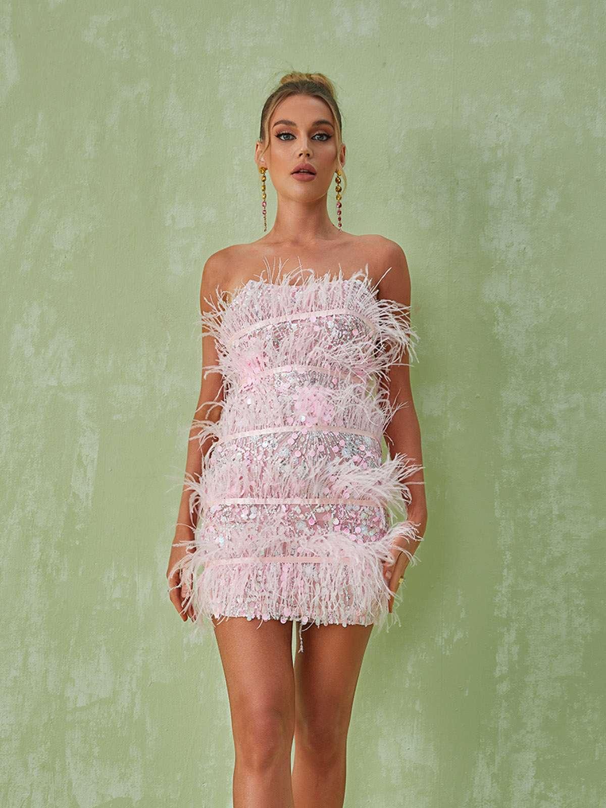 Sequin Strapless Tiered Feather Trim Bodycon Mini Dress