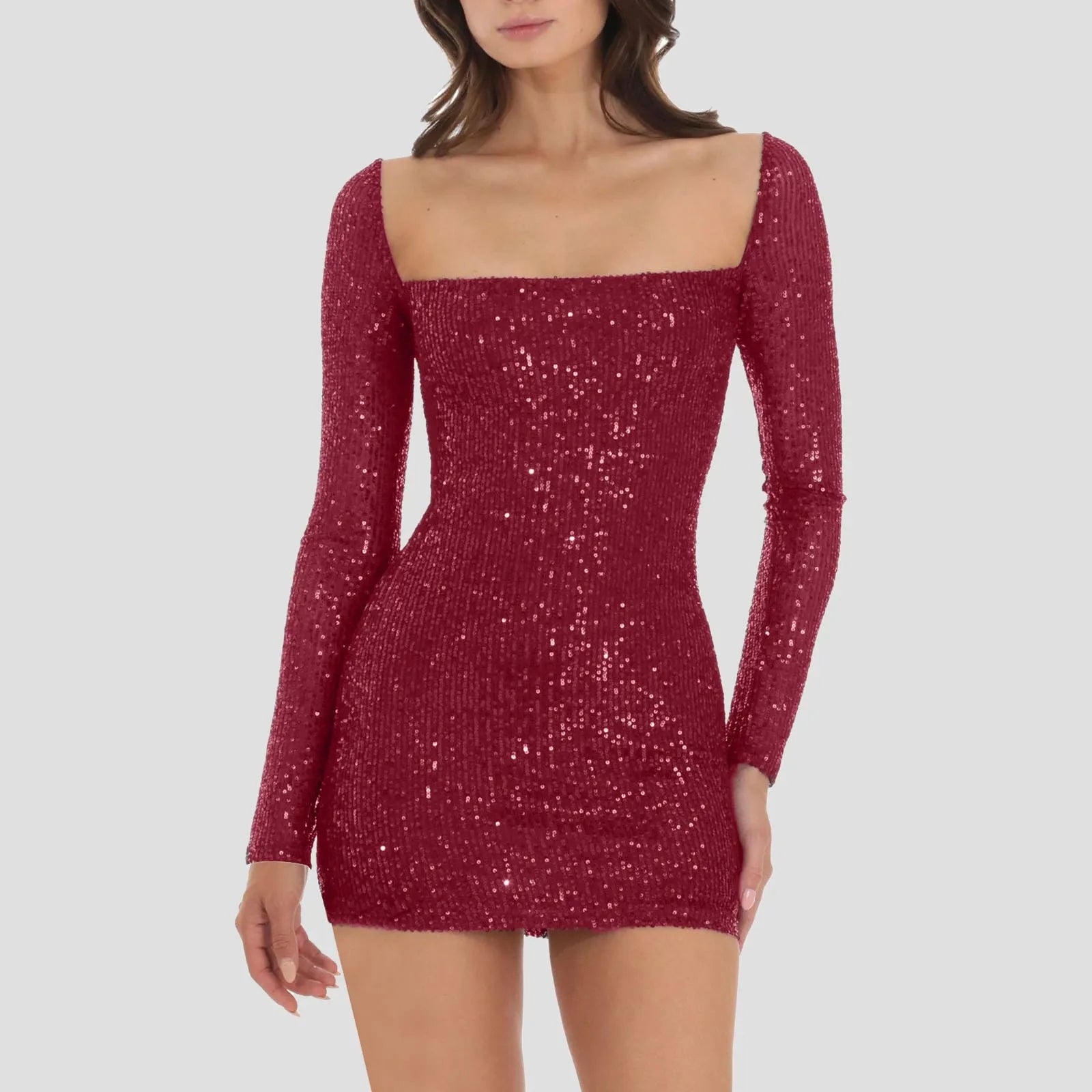 Sequin Square Neck Long Sleeve Bodycon Mini Dress