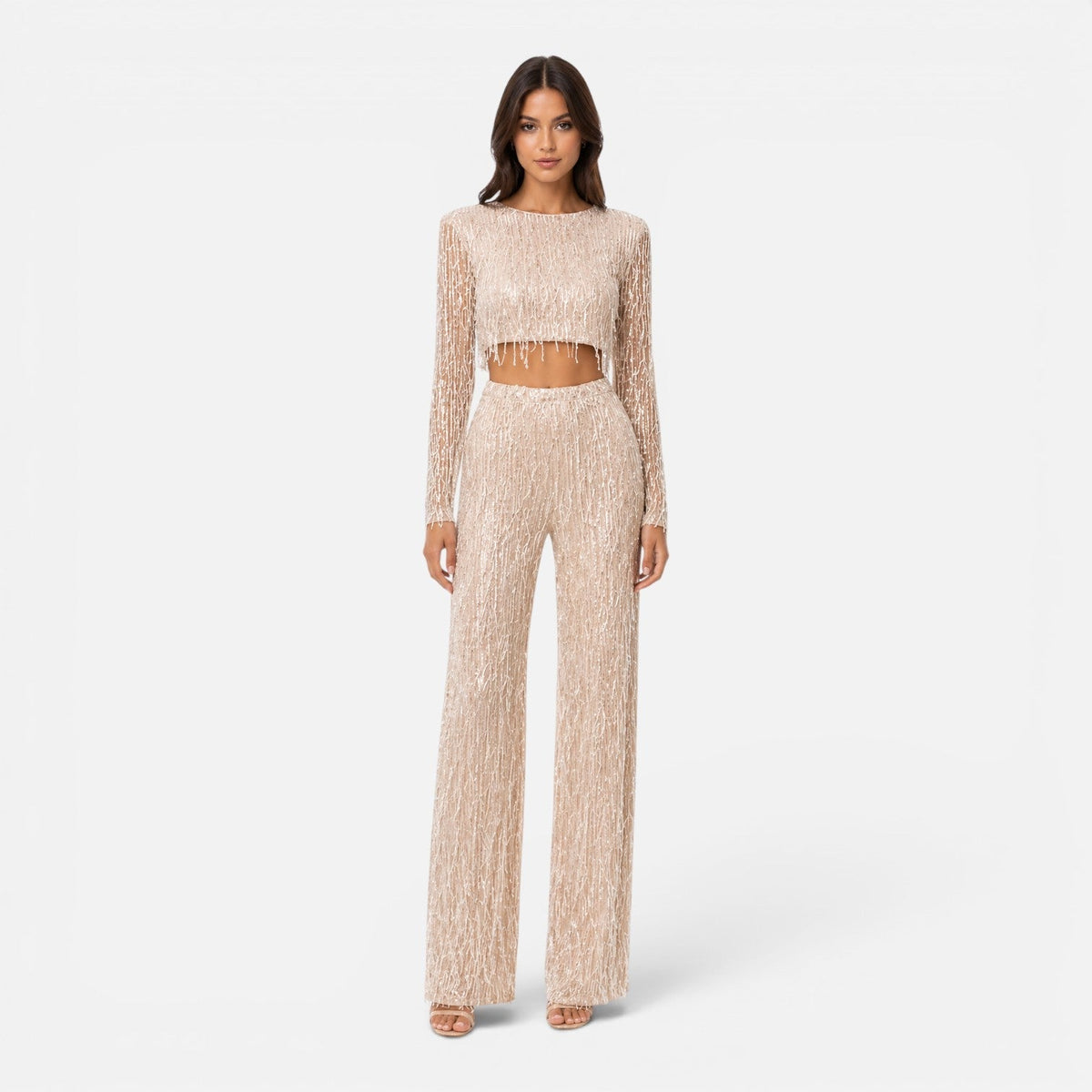 Sequin Fringe Long Sleeve Crop Top and Wide Leg Pants Two Piece Set